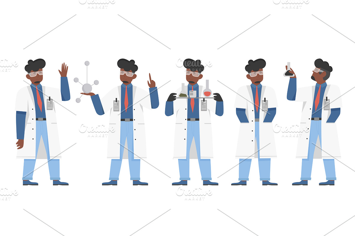 Afro Scientist in Various Lab Poses, an Illustration by Flashvector