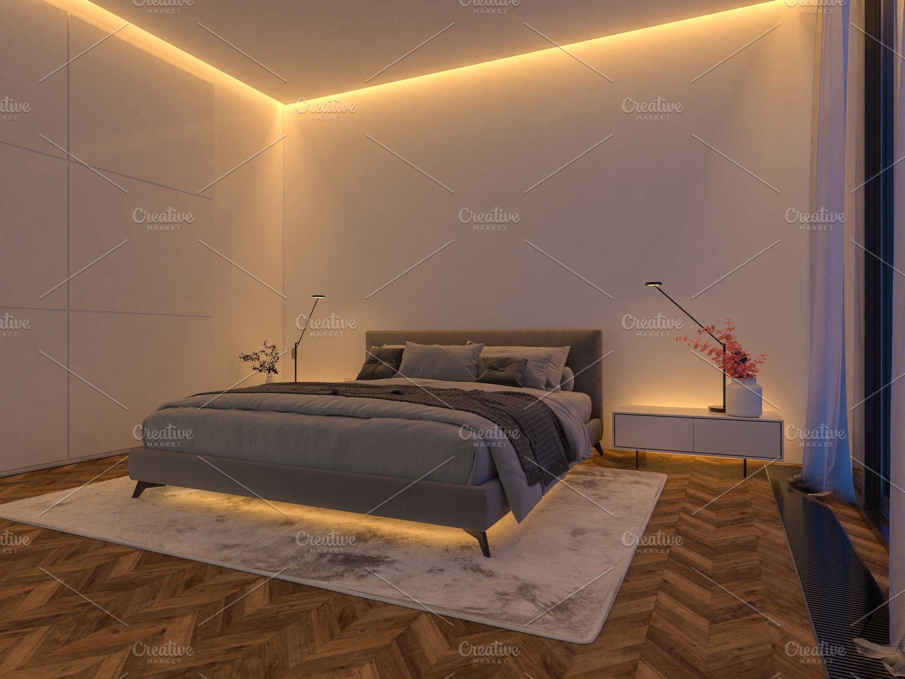 A modern bedroom with a gray bed, so, an Architecture Photo by Pozitivo
