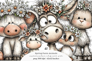 Whimsical spring farm animals clipar, an Illustration by SinaCreation