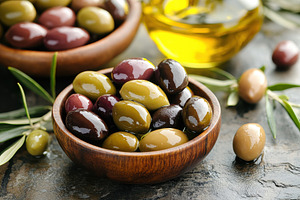 Assorted olives presented in bowls, a Photo by Pavel_design