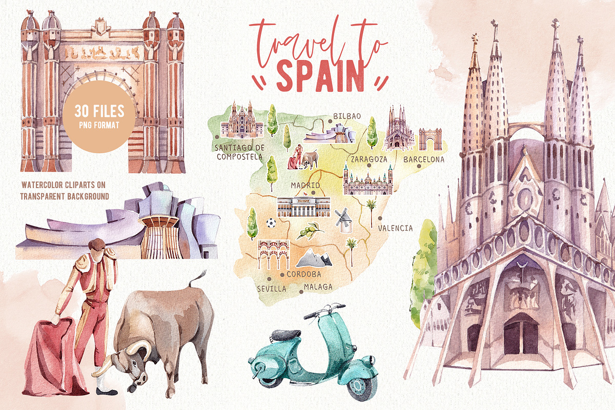 Travel to Spain. Watercolor clipart, an Illustration by VerAna (Photo 1 of 13)