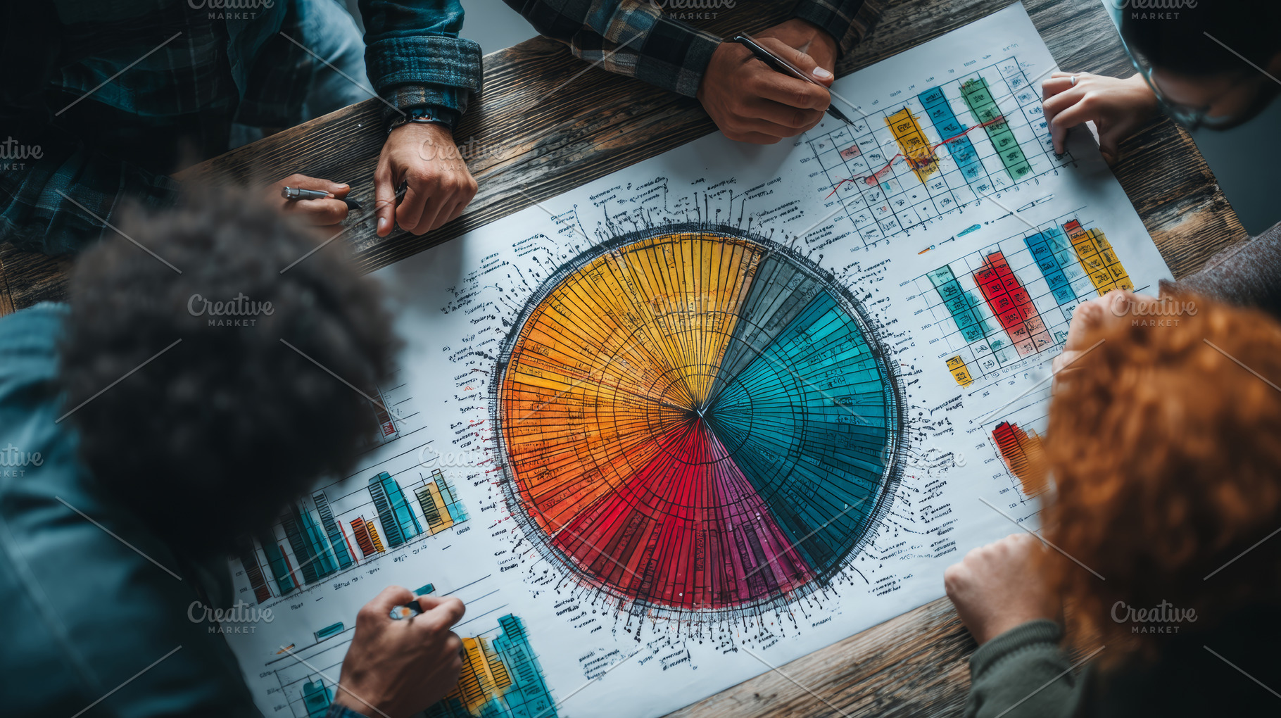 Team reviewing a colorful data chart with graphs in a collaborative meeting, a Business Photo by AS photostudio