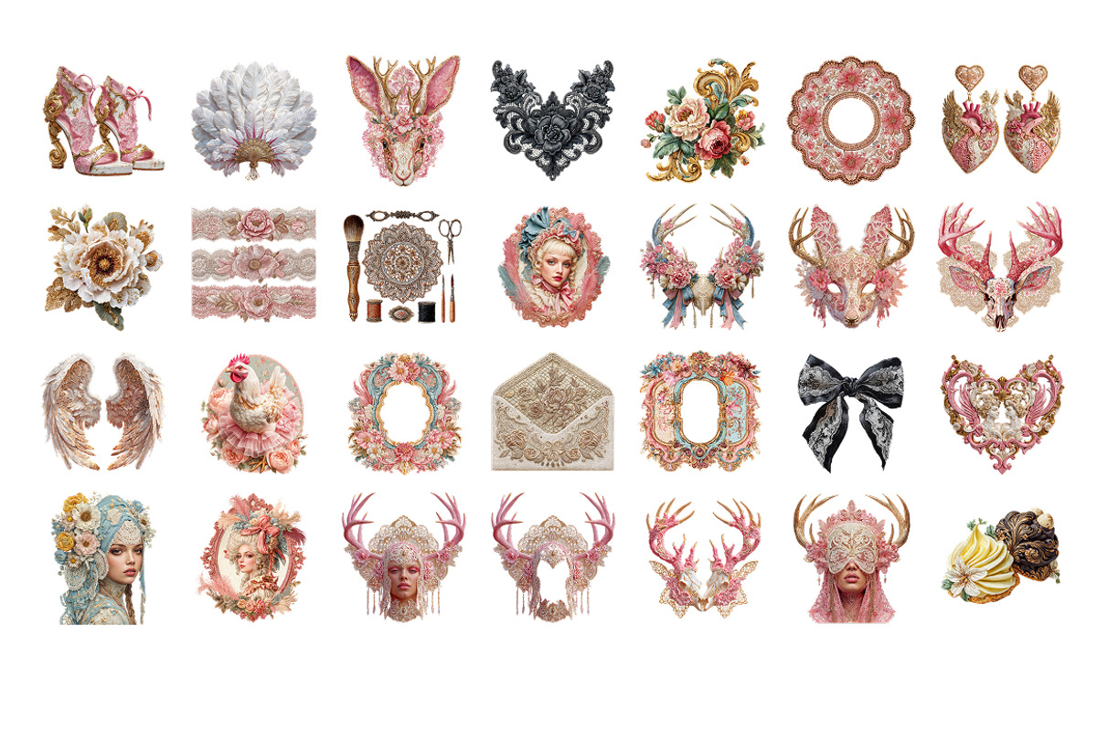 Pink & Cream Vintage Rococo Clipart, a Decorative Illustration by InkyQueenArt (Photo 4 of 6)