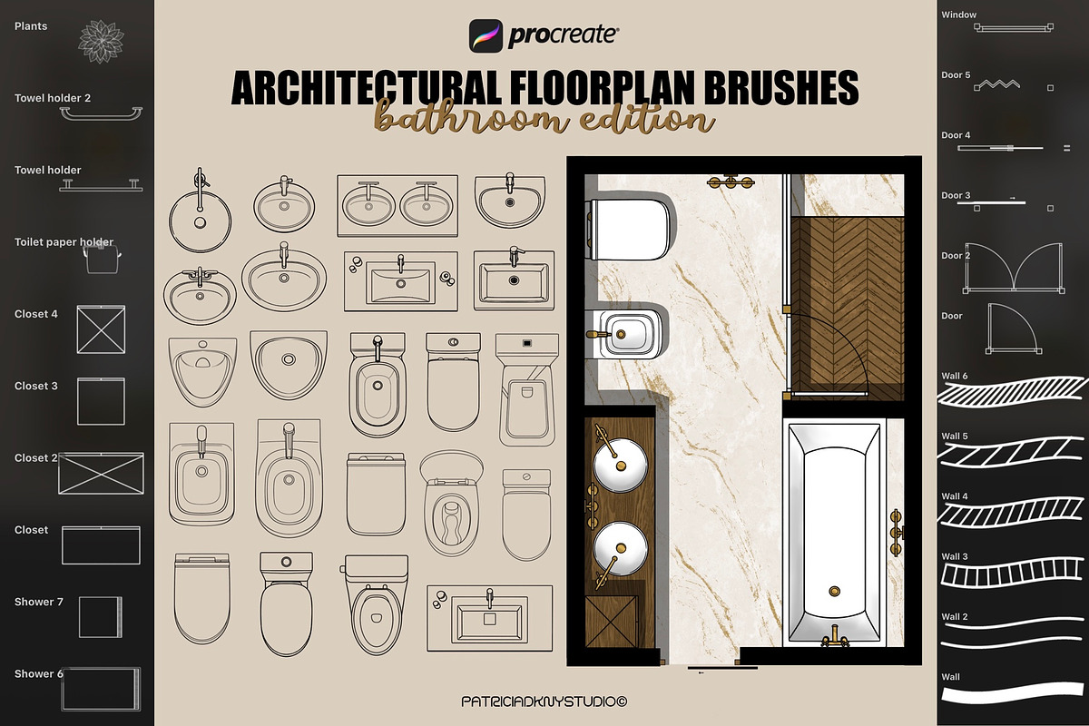 Procreate bathroom floorplan brushes, a Brush Add-On by PDknyStudio (Photo 2 of 6)