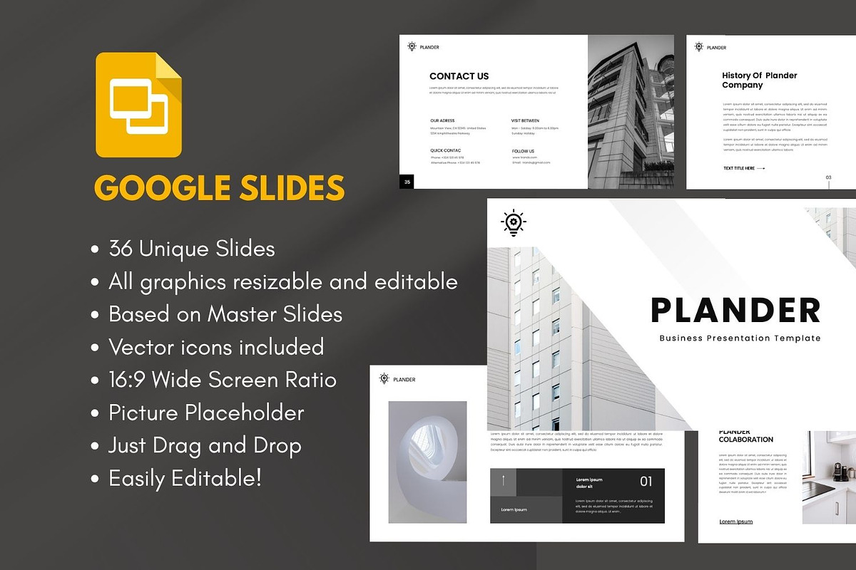 PLANDER Minimal Google Slides, a Presentation Template by Rizki Herdian (Photo 1 of 5)