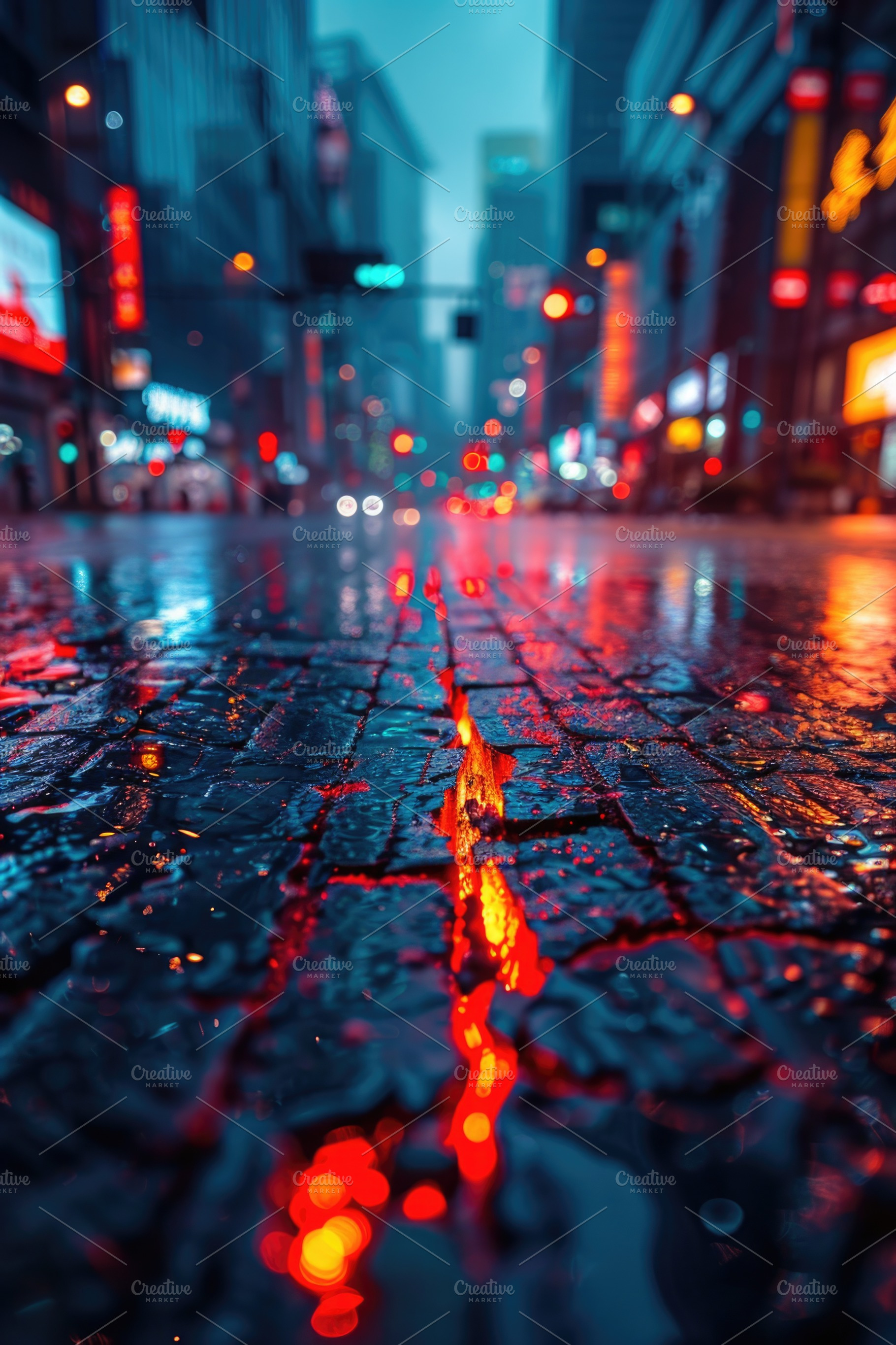 Neon reflections on wet city street with glowing crack in asphal, an Abstract Photo by José Manuel Gelpi