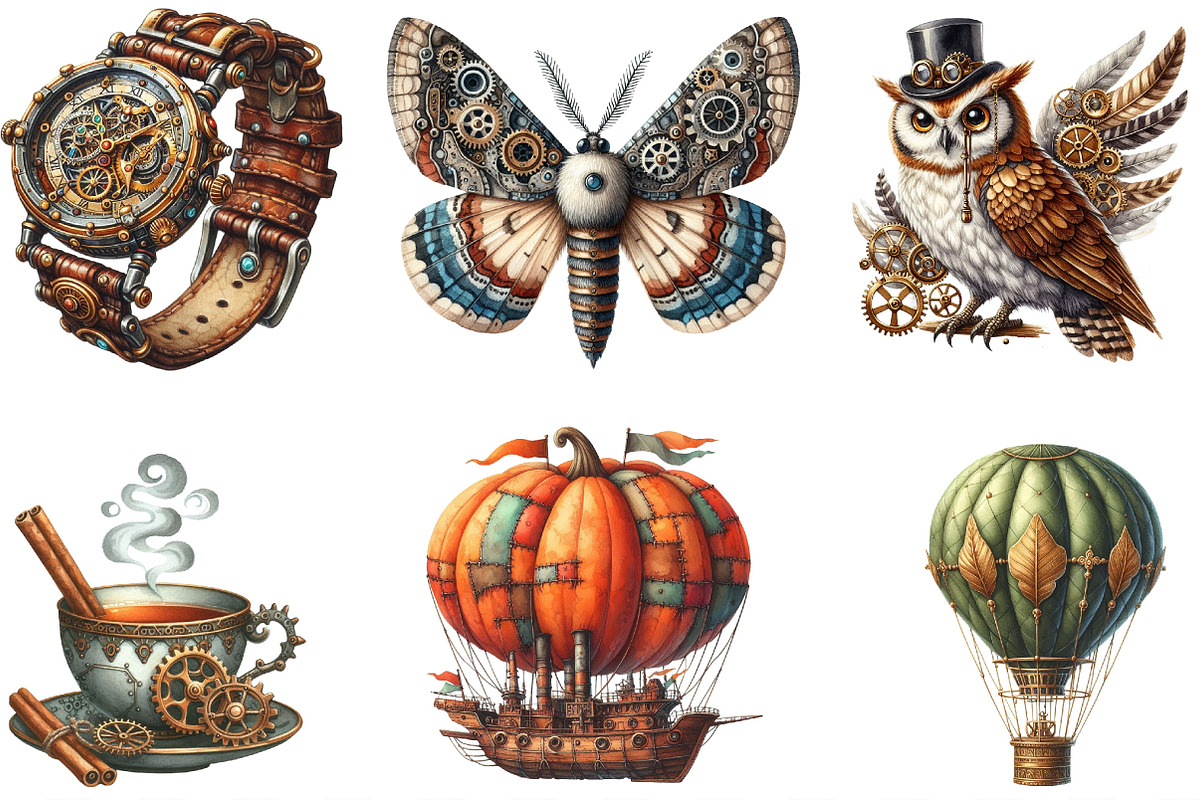 Watercolor Steampunk Autumn Clipart, an Illustration by Designking (Photo 2 of 4)