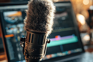 Studio microphone on laptop near spe, a Photo by Pixeness Studio