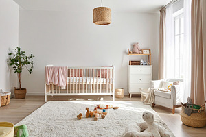 Baby room with natural lighting and soft pastel decor, an Architecture Photo by DanFLCreativo