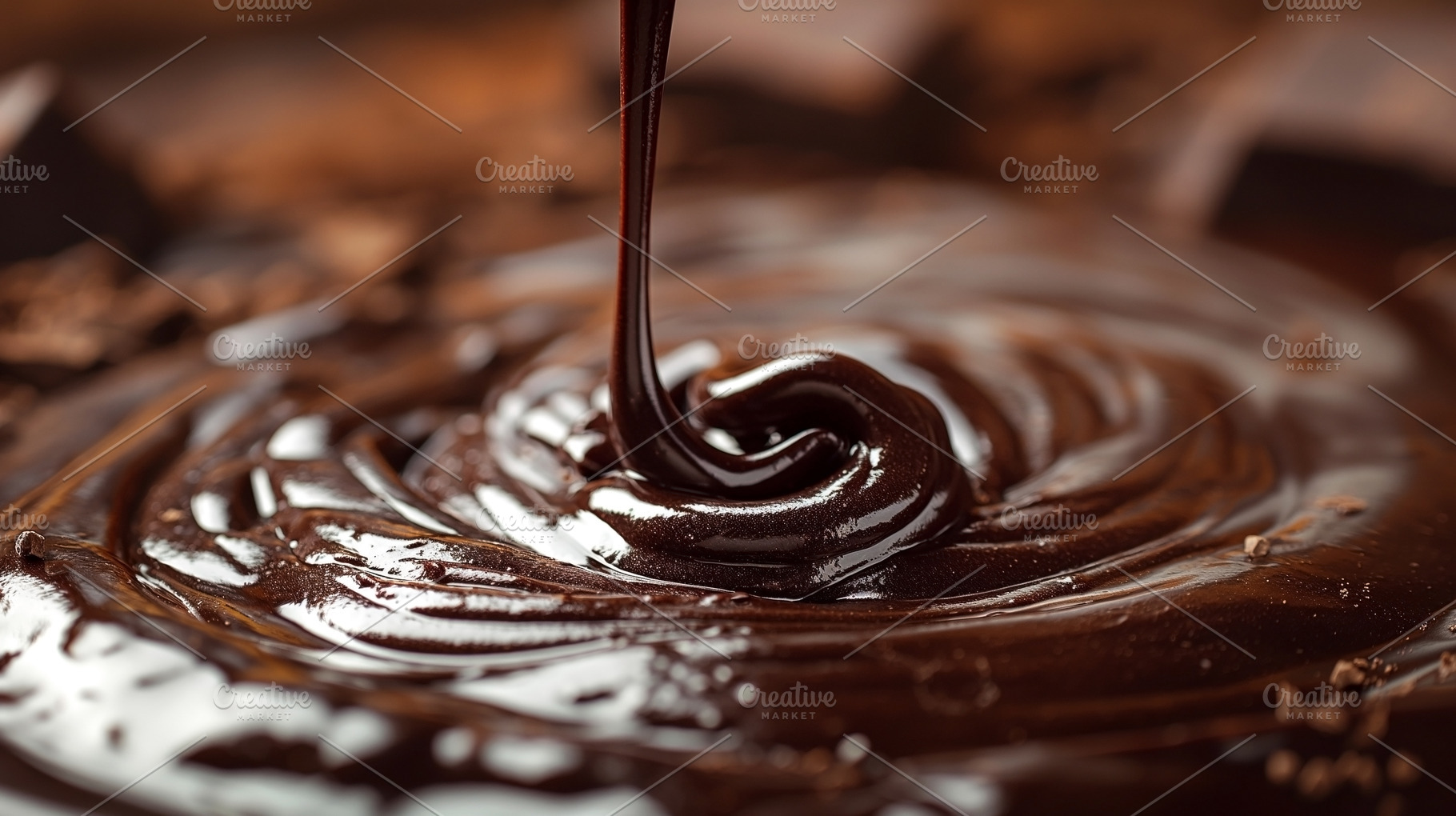 Close-up of rich, dark chocolate swirling in a glossy pool, high, a Food & Drink Photo by ImageMir