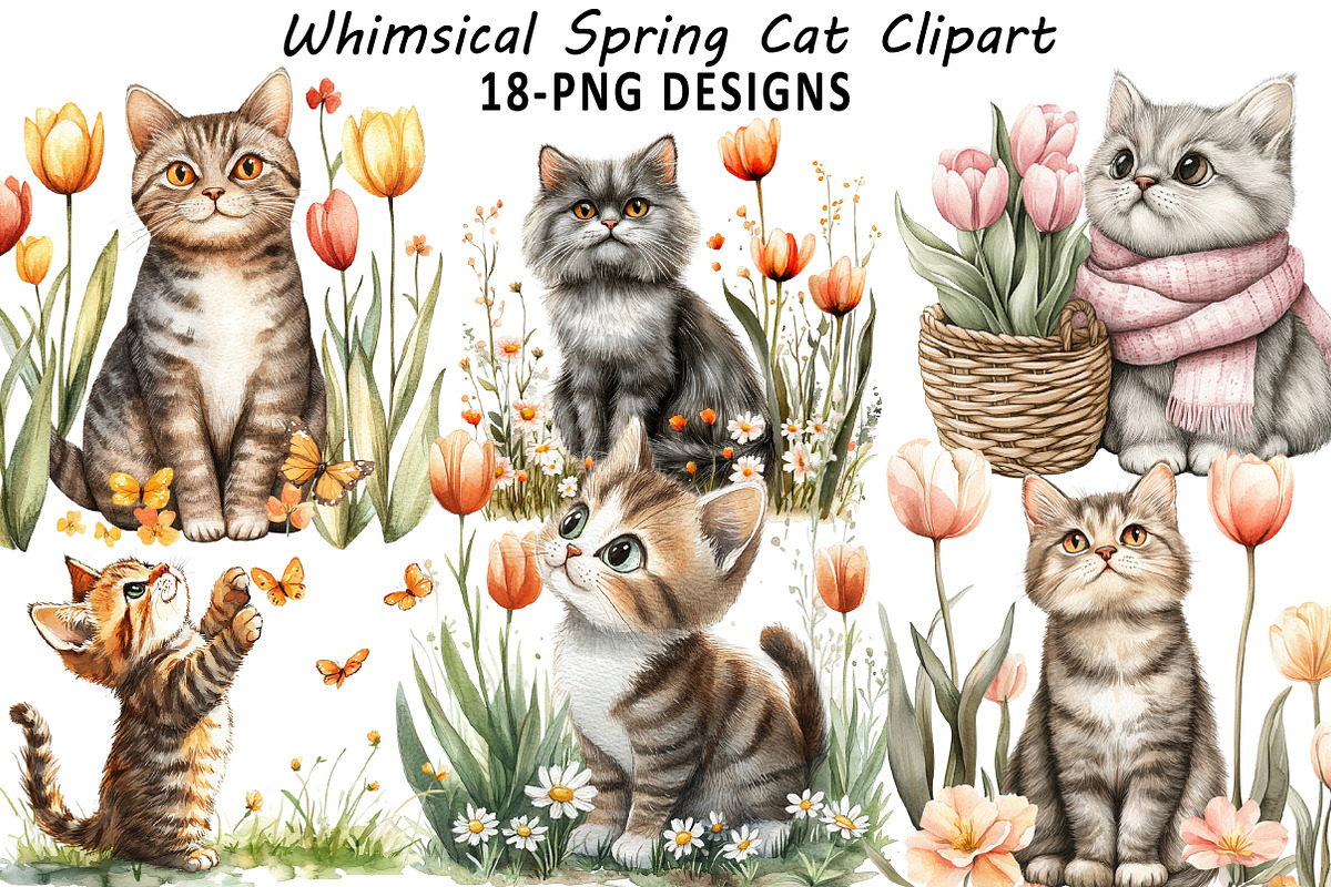 Whimsical Spring Cat Clipart, an Illustration by Daily.Designs (Photo 1 of 5)