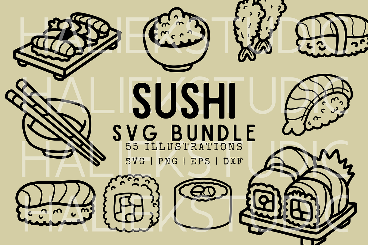 55 Sushi Doodles SVG Illustrations, a Food Illustration by HalieKStudio (Photo 1 of 9)
