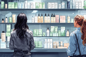 Two individuals selecting skincare products from a store display with natural l, an Illustration by AS photostudio