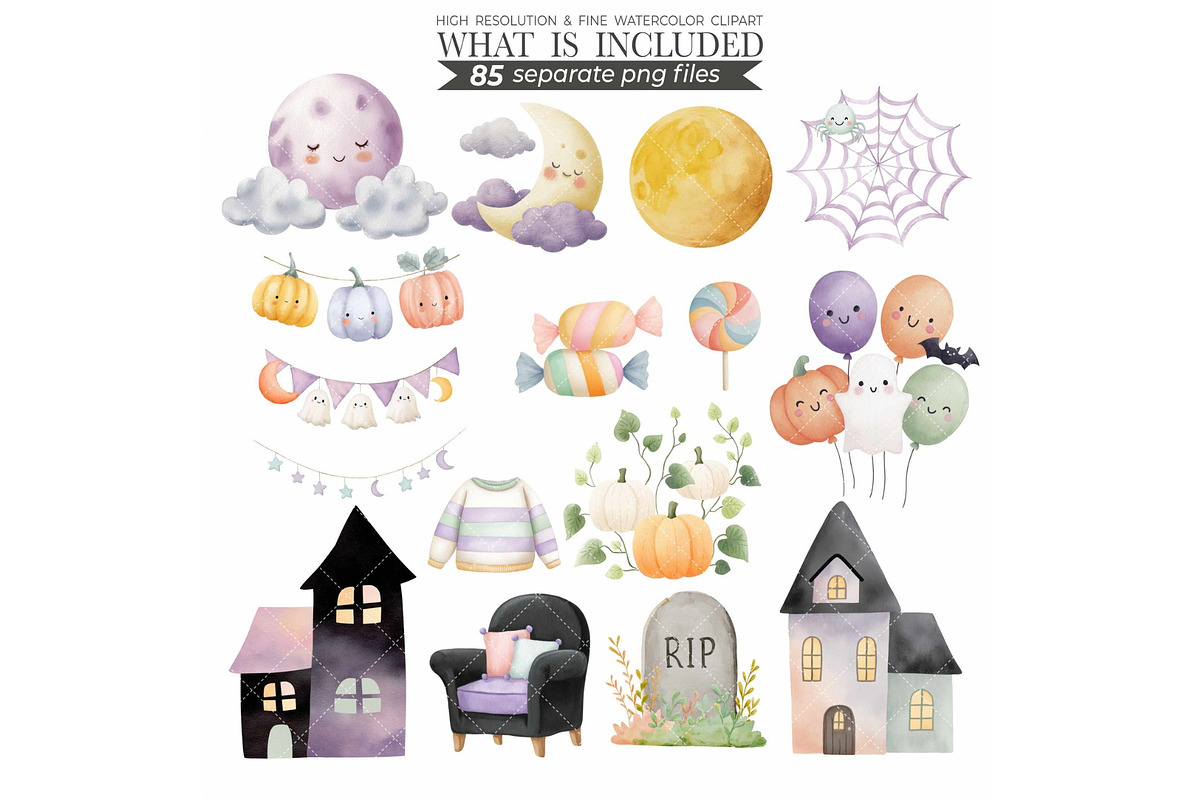 Watercolor Cute Halloween Clipart, an Illustration by CharmClipart (Photo 7 of 9)