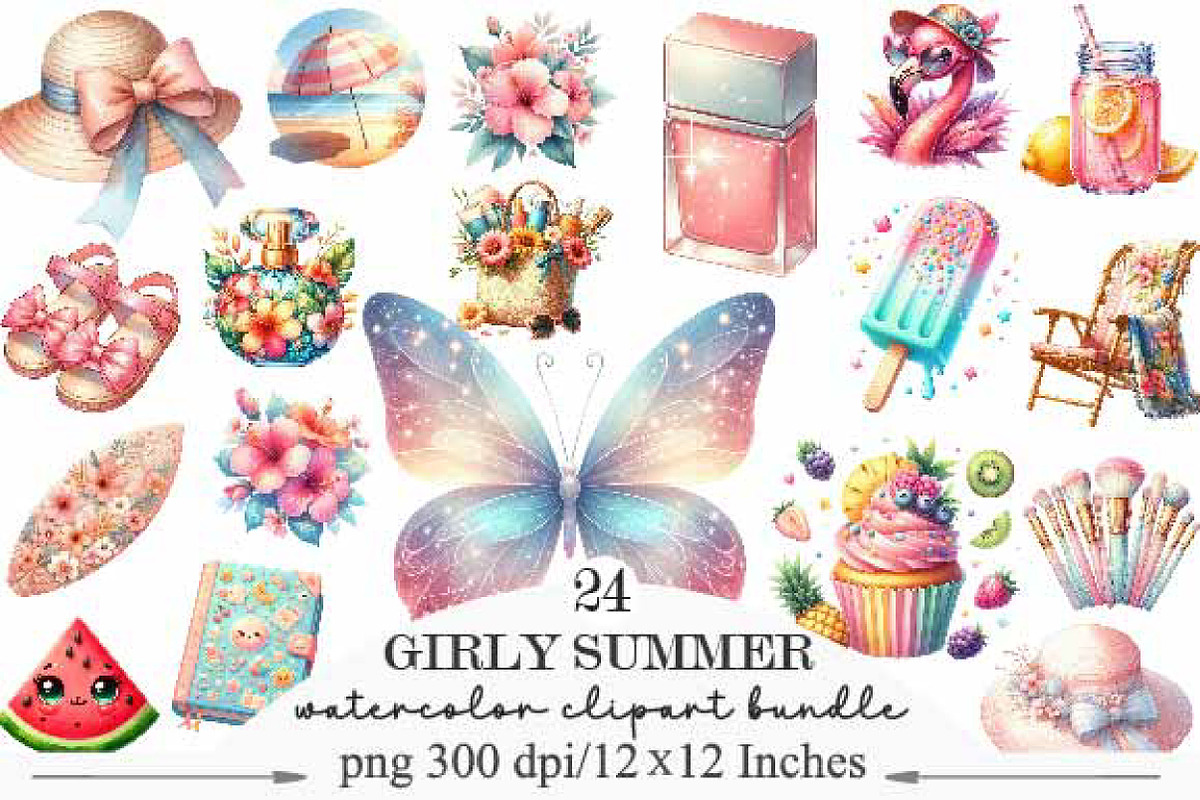 Watercolor Girly Summer Clipart, an Illustration by Designking (Photo 1 of 5)