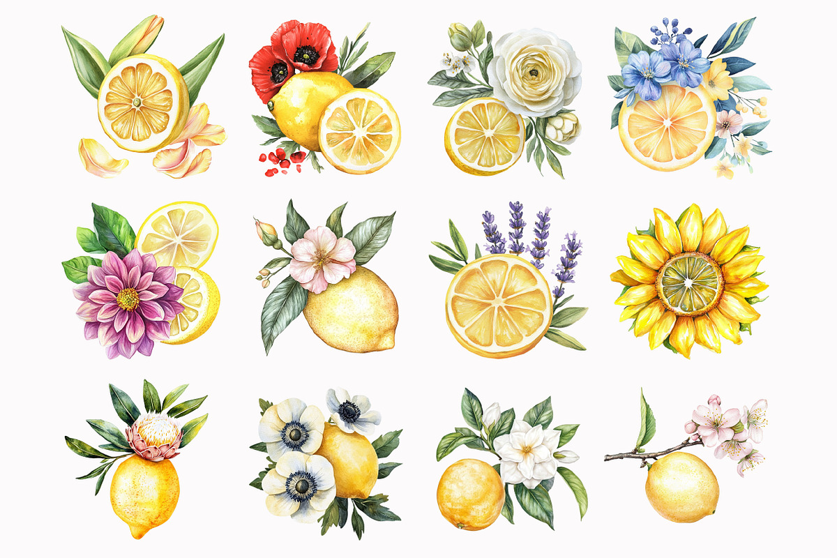 Watercolor Lemon Floral Clipart, an Illustration by Design Market (Photo 3 of 4)