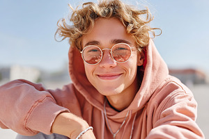 Young person with curly hair enjoying sunny day outdoors with stylish glasses a, a Person Photo by AlyaAnd