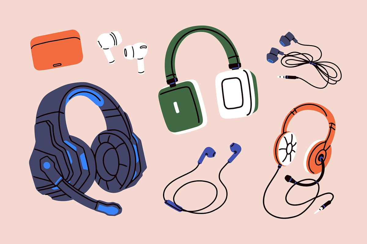 Music devices: headphones, earphones, a Technology Illustration by Good Studio (Photo 3 of 3)