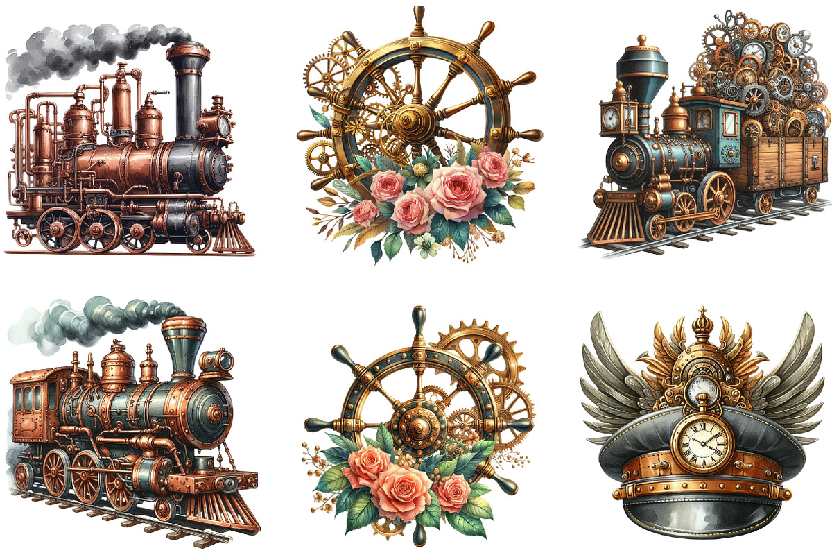 Watercolor Vector Steampunk Trains, a Seasonal Illustration by DreamArtGraphic (Photo 3 of 4)