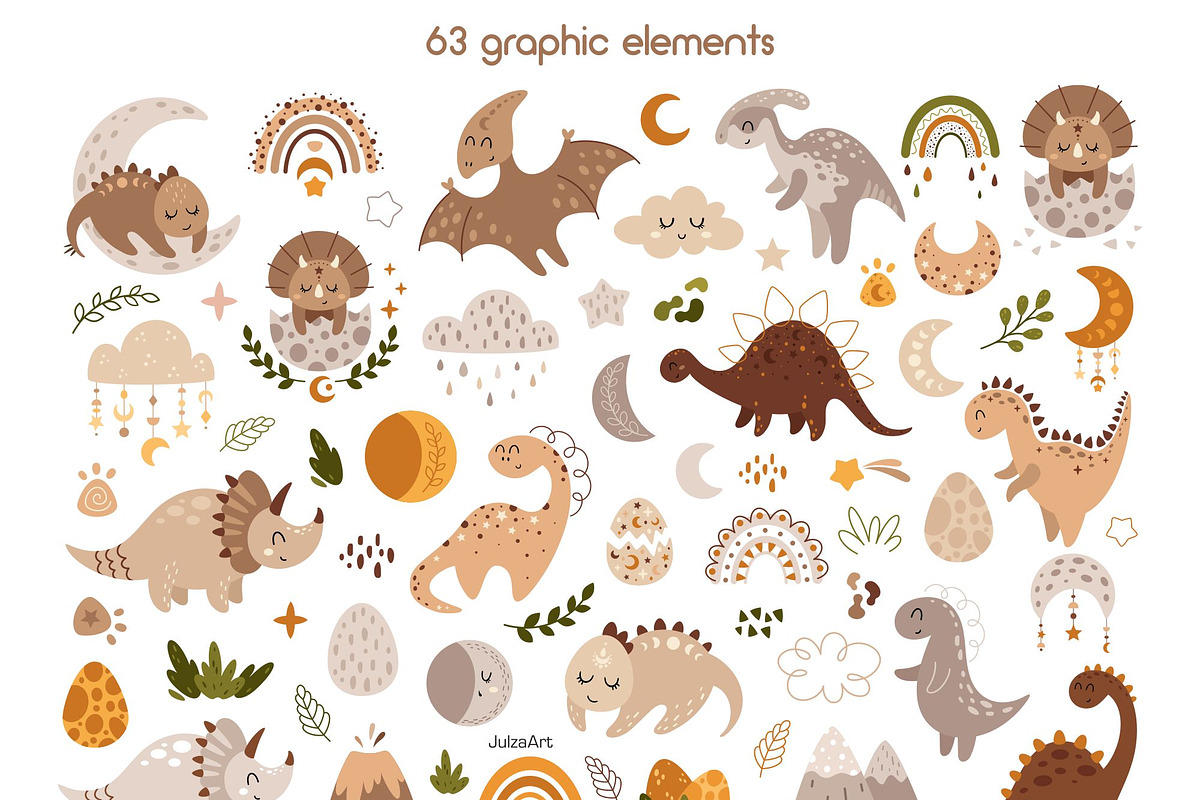 Boho dinosaur clipart & patterns, an Animal Illustration by JulzaArt (Photo 3 of 9)