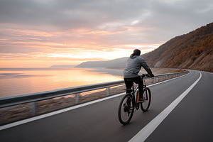 Man riding electric bike along scenic coastal road during sunset, a Sports & Recreation Photo by AlyaAnd