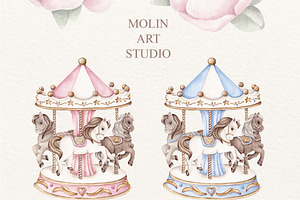 Carousel Watercolor Clipart Blue