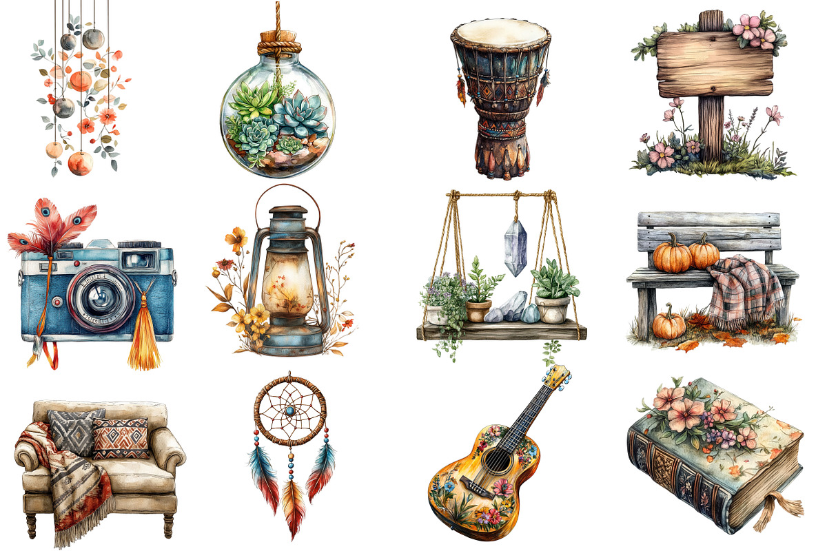 Watercolor Rustic Boho Clipart, an Illustration by Designworld (Photo 2 of 6)