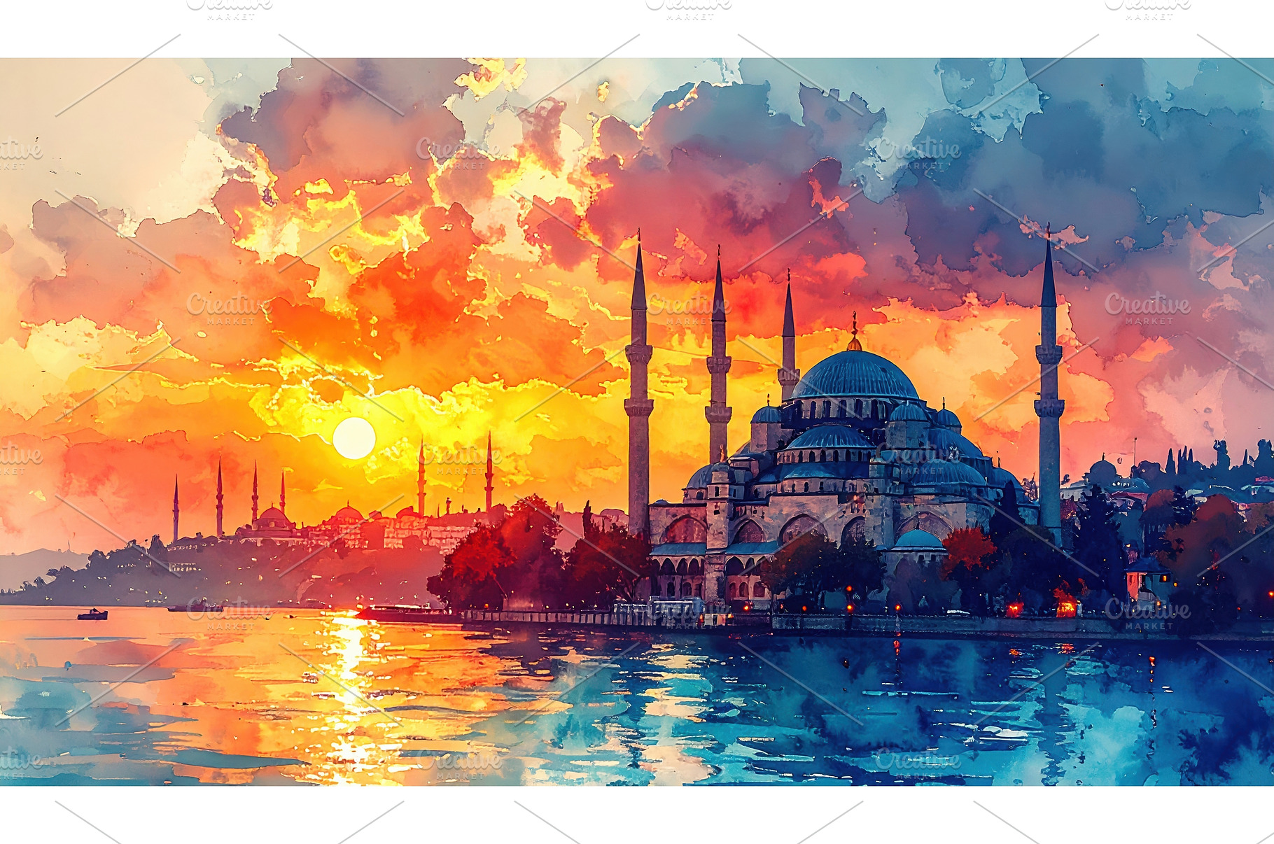 Vibrant sunset over mosque skyline, an Architecture Photo by Igor Tichonow