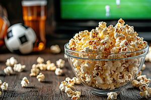 Popcorn bowl sits on table with blurred soccer match in background, a Food & Drink Photo by AlyaAnd