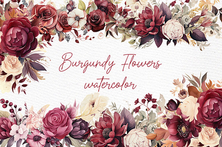 Burgundy Flowers Clipart Watercolor, an Illustration by LeCoqDesign