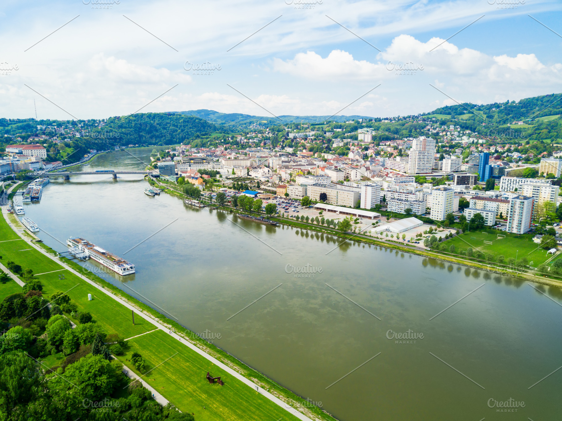 Linz aerial panoramic view, a Photo by saiko3p
