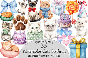 Watercolor Cats Birthday Clipart, a Seasonal Illustration by CitraGraphics