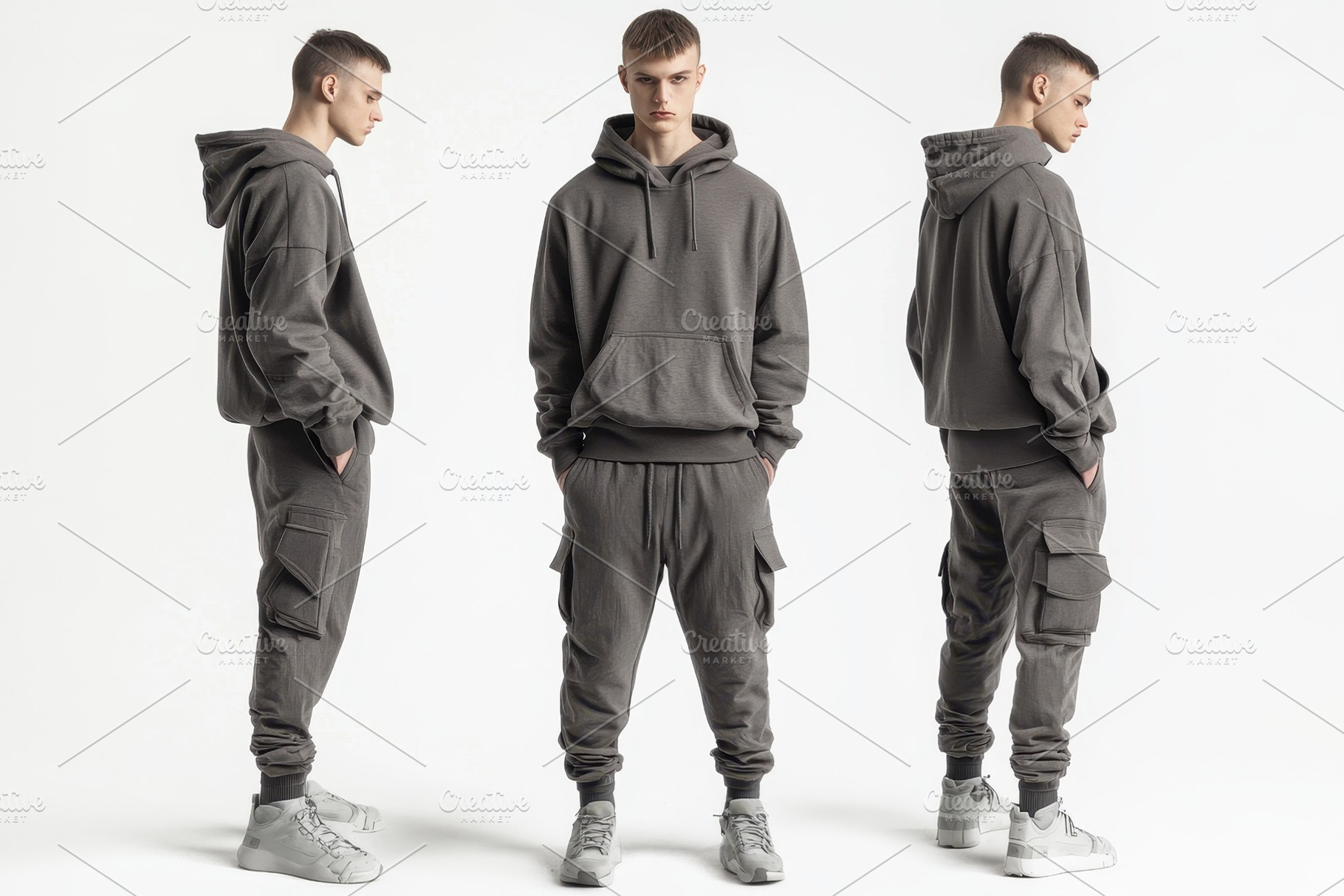 A male model poses in a gray hoodie, a Photo by Tanuart