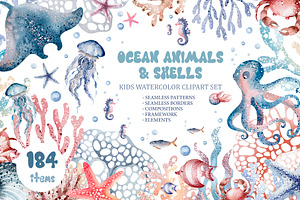Ocean Animals Watercolor Clipart