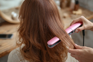 Woman getting her brown hair straigh, a Photo by Pixeness Studio