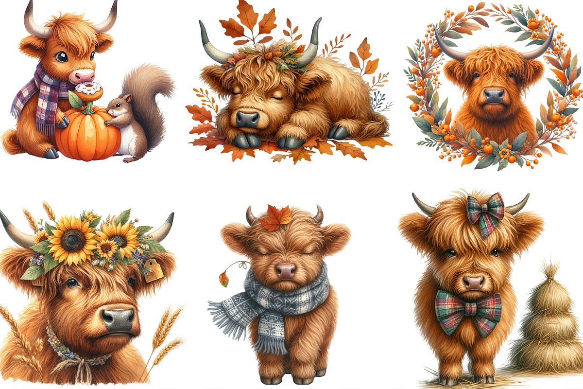 Autumn Fall Highland Cow Clipart, an Illustration by Designking (Photo 2 of 4)