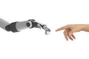 Human hand and robot's hand pointing to each other isolated on white ...