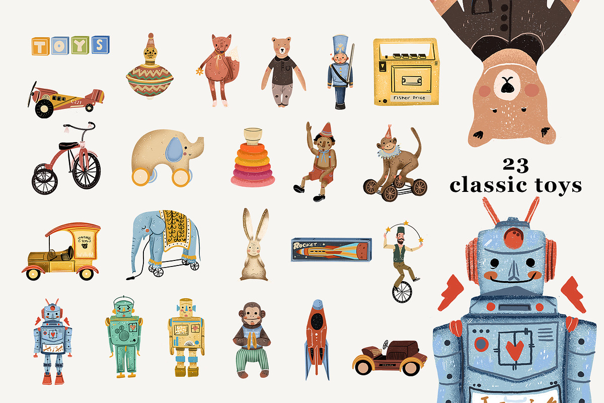 Vintage toys. Hand drawn clipart set, an Illustration by Cocoa studio by Eliza M (Photo 2 of 8)