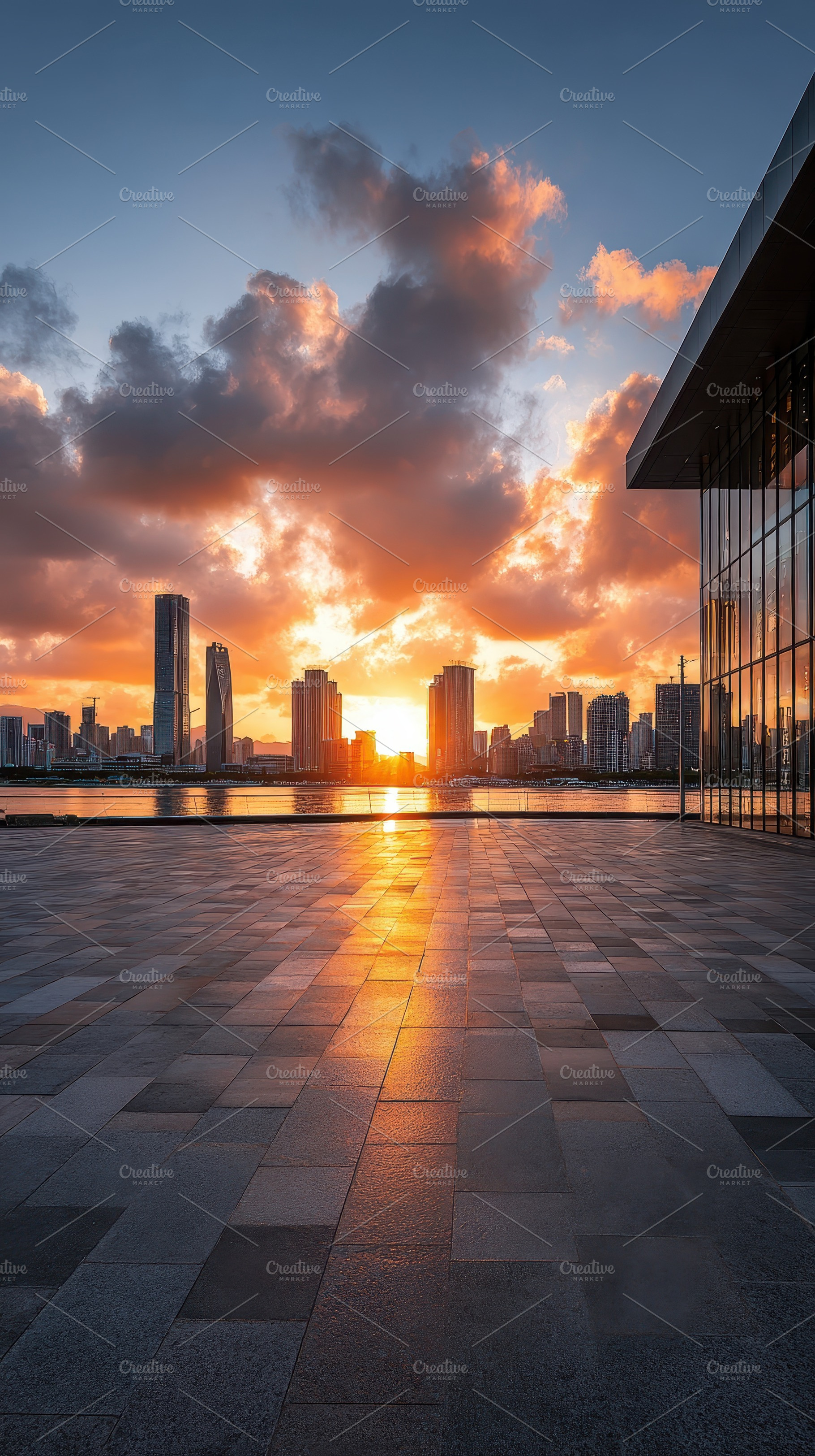 Cityscape Sunset Urban Skyline Moder, a Photo by Pixeness Studio