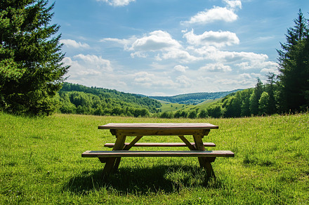 Relaxing picnic table in a serene meadow with lush greenery and rolling hills, a Sports & Recreation Photo by AlyaAnd