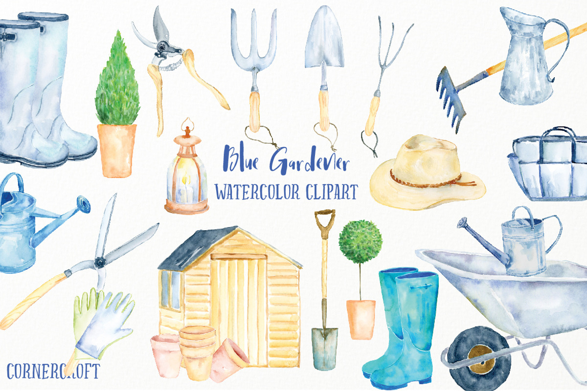 Watercolor Clipart Blue Gardener, an Illustration by Corner Croft (Photo 1 of 4)