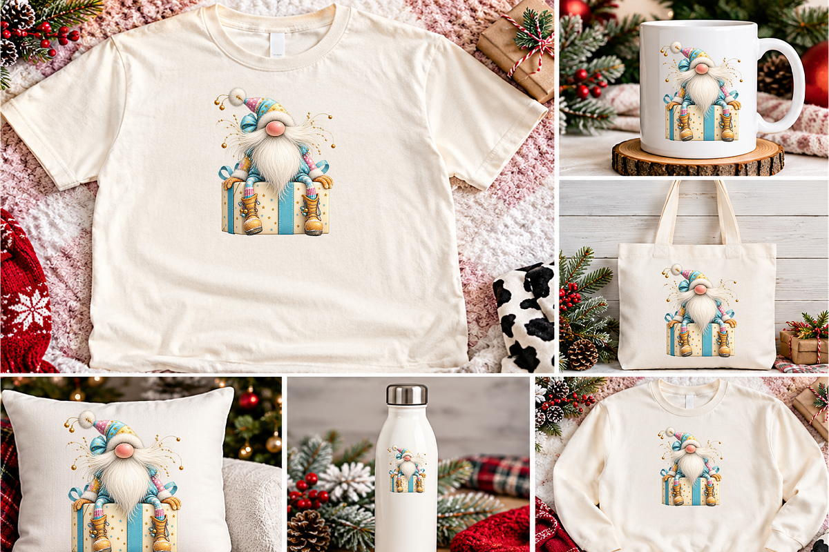 Whimsical Holiday Gnome on Gift, a Seasonal Illustration by Printable Design Store (Photo 2 of 3)