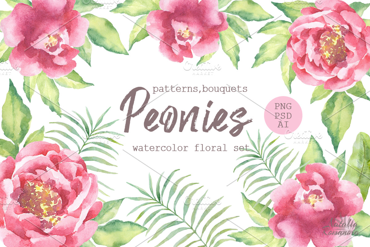 Watercolor Peonies set, a Decorative Illustration by BrushArtDesigns (Photo 1 of 9)