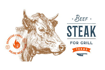 Cow, bull, beef head, meat tag label, a Food Illustration by Foxys Graphic