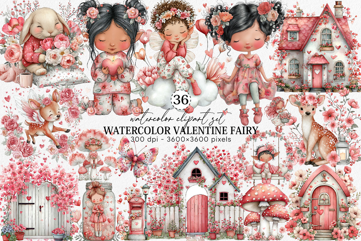 Watercolor Valentine Fairy Clipart, an Illustration by Canvas Craft (Photo 1 of 6)