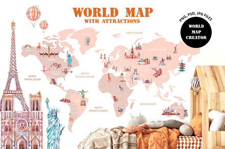 World map with attractions, an Education Illustration by VerAna