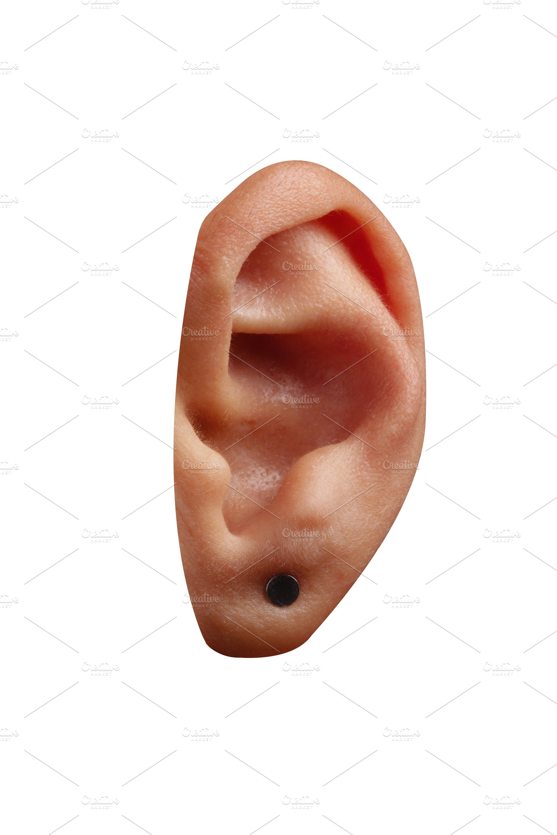 Isolated human ear wearing a small black stud earring on a white, a Person Photo by Ales Munt