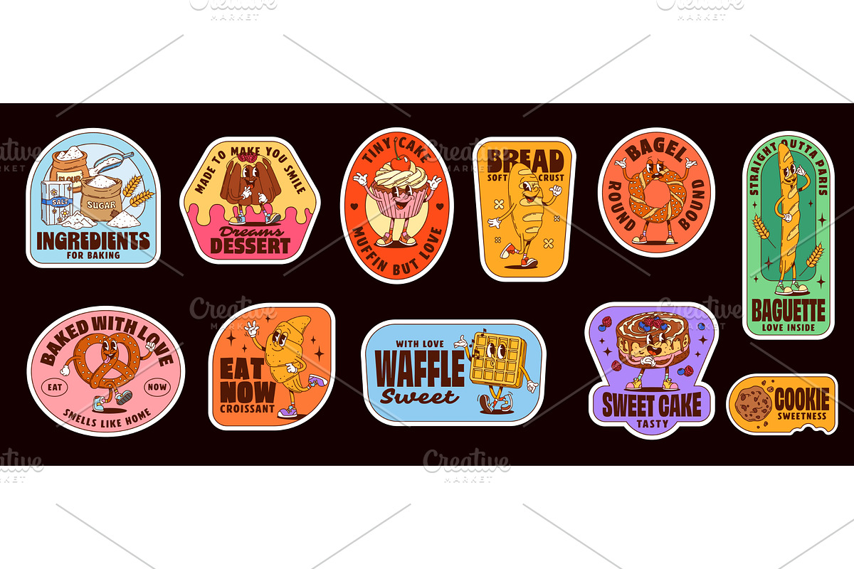 Bakery characters groovy stickers, a Food Illustration by Buch&Bee