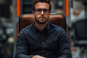A industrial designer young man with glasses sitting confidently in a modern of, a Person Photo by Textures & Backgrounds