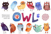 12 owls. Vector and watercolor set, an Animal Illustration by Anna Guz's Store (Thumbnail 1 of 3)